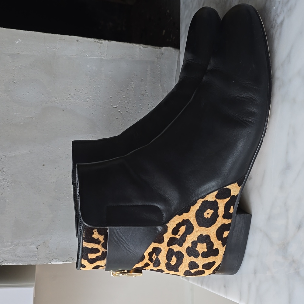 Michael Kors black leather leopard mira bootie flat ankle 8 - Picture 5 of 12